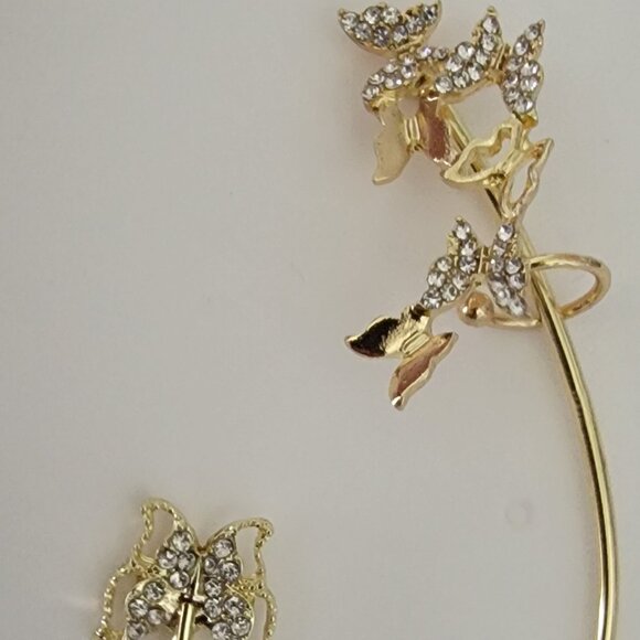 Butterfly Single Gold Rhinestone Earring Cuff or Dangle Stud - Picture 2 of 4